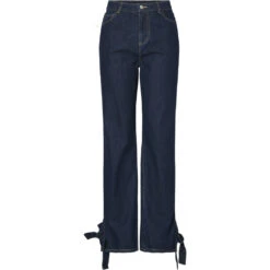 PIECES Dame Jeans PCOFELIA - Medium Blue Denim Black Satin Bow