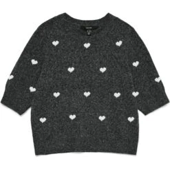VERO MODA DAME STRIKTRØJE VMDOFFE - Dark Grey Melange White Hearts